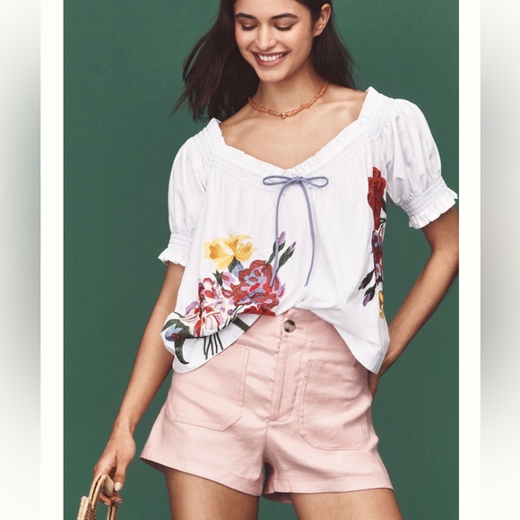 Nwt puffed sleeve tie front embroidered blouse anthro - Picture 2 of 10